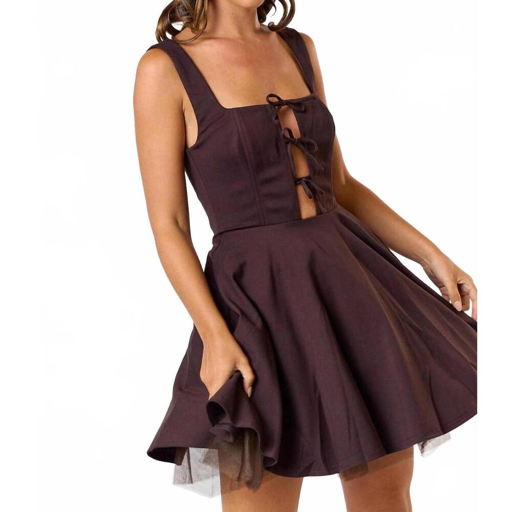 NEW BLUE BLUSH tie front square neck flared mini dress in brown - Picture 2 of 4